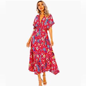 R.Vivimos Women Summer Print Deep V Neck Cotton Dress.